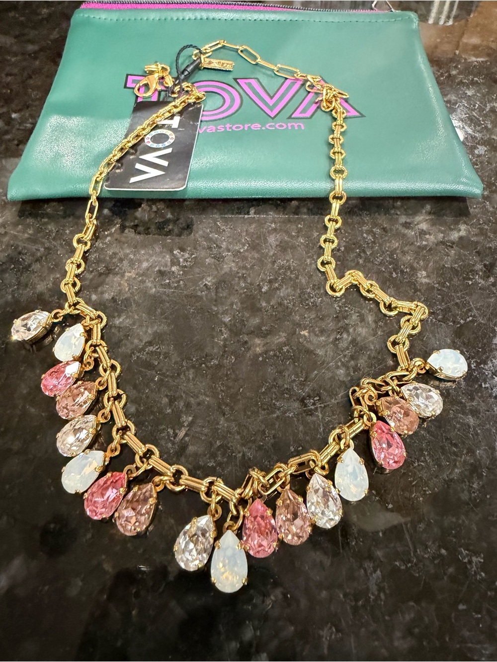 TOVA Gold Necklace with Pink, Clear and Opal Teardrop Drops